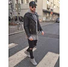 Grey Hoodie Underneath Leather Jacket