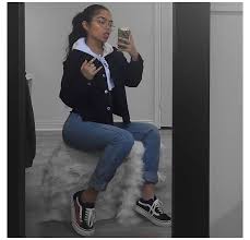 Cute Tumblr Outfit Black Denim Jacket Oldskool Vans White Cropped Hoodie This Female Messin Up The Ga Boujee Outfits College Outfits Cute Casual Outfits