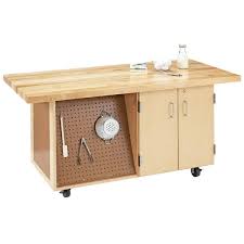 Mobile Work Table With Maple Wood Top Locking Storage Cabinet And Pegboard On All Four Sides Mobile Workbench Workbench Wood Top Workbench