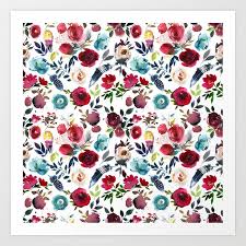 This instant download boho cross stitch pattern features a beautiful and colorful flower inspired by the boho movement. Burgundy Pink Teal Blue Watercolor Boho Floral Art Print By Pink Water Society6