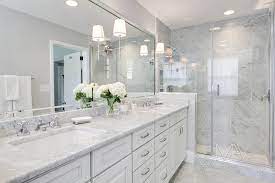 Massive photo gallery of custom bathroom design ideas of all types, sizes and color schemes. Ma Allen Interiors Gallery White Master Bathroom White Marble Bathrooms Bathroom Remodel Master