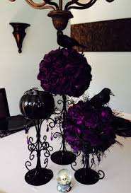 Purple flowers and black and white decorating for halloween party. Halloween Table Scape Purple And Black Purple Party Decorations Halloween Wedding Centerpieces Elegant Halloween