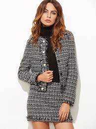 Black And White Plaid Skirt And Jacket Set Black And White Frayed Trim Tweed Jacket With Skirt Shein Sheinside Tweed Jacket Fashion Long Plaid Skirt
