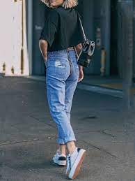 Der weite schnitt lässt oberschenkel schmaler erscheinen. Blau Reissverschluss Taschen High Waist Boyfriend Jeans Demin Damen Lang Hose Mode Jeans Unterteile