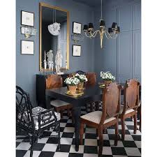 Black And White Checkered Home Decor Dining Rooms Blue Walls Black White Checkered Tiles Floor Glossy Black Dining Table Carved Wood Dining Chairs Black Faux Bamboo Capt Interior Home Home Decor
