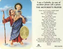 Christopher with the child jesus on his shoulder is pictured on the front of this motorist prayer holy card. St Christopher Travel Prayer Card With Embossed Medal St Jude Shop Inc