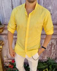 قميص أصفر للرجال، ياقة تونيك، نسيج الكتان - CR65