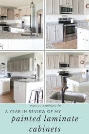 A Year In Review Of How I Painted My Laminate Cabinets With Two Methods Laminate Cabinets Laminate Kitchen Cabinets Painting Laminate Kitchen Cabinets