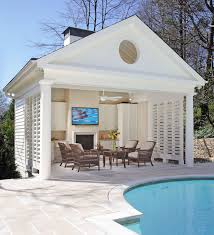 Has waterfront and dvd player. Buckhead Pool And Cabana With Fireplace Bahamian Shutters And Limestone Deck Pool House Designs Pool House Plans Pool Houses