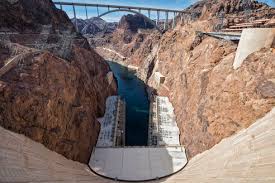 A dramatic new concrete arch joins the setting of the historic hoover dam, spanning the black canyon between the states of arizona and nevada, usa. Usa Nevada Arizona Lake Mead Colorado River Hoover Dam Mike O Callaghan Pat Tillman Memorial Bridge Stockphoto