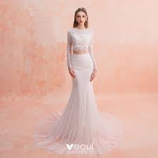 | mermaid wedding dresses lace applique v neck long sleeves train bridal gown. 2 Piece Ivory Beach Lace Wedding Dresses 2019 Trumpet Mermaid Square Neckline Long Sleeve Appliques Lace Court Train Ruffle