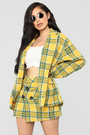 Black And White Plaid Blazer And Skirt Set Deon Plaid Skirt Set Yellow Green Trendy Outfits Skirts Plaid Outfits Plaid Skirts