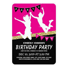 Birthday Party Invitation Card With Photo Trampoline Park Girl Pink Kids Birthday Party Invitation Zazzle Com Trampoline Birthday Party Party Invite Template Kids Birthday Party Invitations