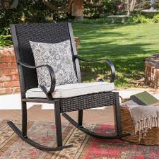 Black And White Rocking Chair Cushions August Grove Kampmann Outdoor Wicker Rocking Chair With Cushions Frame Color Black White Wicker Rocking Chair Patio Rocking Chairs Rocking Chair Porch