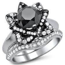 2 75ct Black Diamond Lotus Flower Engagement Ring Band Set 14k White Black Gold W Black Engagement Ring Engagement Rings Bridal Sets Flower Engagement Ring Set