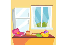Kitchen Cartoon Vector Classic Home Dining Room Kitchen Interior Design Dining Table Fruits Refrigerator Flat Illustration By Pikepicture Thehungryjpeg Com