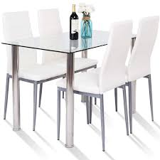 Some glass dining room table bases are distinctive; Tangkula 5 Pcs Dining Table Set Modern Tempered Glass Top And Pvc Leather Chair W 4 Chairs Dining Room Kitchen Furniture White And Silver Buy Online In Guam At Guam Desertcart Com Productid 44070647