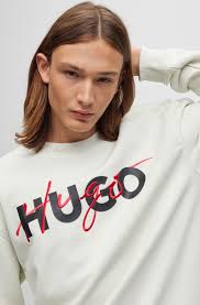 Shop hugo white sweatshirt Online Sale HUGO Cotton blend relaxed fit  sweatshirt with double logo