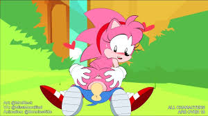 La inocente Amy Rose de los dibujos animados montando a Sonic The Hedgehog  en el exterior