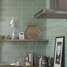 Pistachio Green Metro Kitchen Tiles From Walls And Floors With Open Shelving Green Kitchen Walls Green Tile Green Tile Backsplash