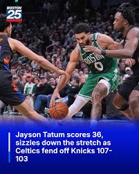 Jayson Tatum scored 25 of his 36 points in the second half, including seven of his team’s final eight to help the Boston Celtics hold off the New York Knicks 107-103 on Friday night.