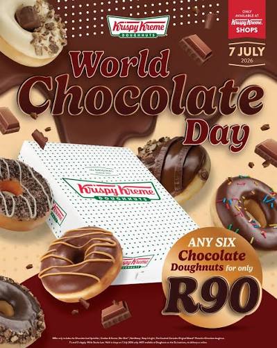 R90 for 6 CHOC doughnuts! That's right! 🤎🍫🍩 Celebrate World Chocolate  Day the sweetest way possible with ANY 6 chocolate doughnuts for only R90  😍🍩 Choose from: - NESTLÉ TEX® The Crushed -