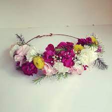 Flower Crown Fuchsia Blush White Yellow Button Mums Baby S Breath Carnation Stock Wax Flower Wax Flowers Flower Crown Boho Theme