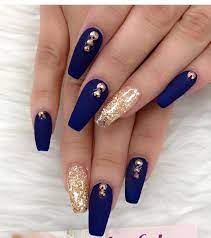 Blue And Gold Nails In 2021 Gold Acrylic Nails Quinceanera Nails Gold Gel Nails