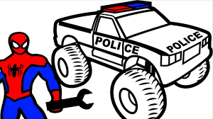Simply do online coloring for monster truck jumps over cars coloring page directly from your gadget, support for ipad, android tab or. Spiderman Repair Police Monster Truck Coloring Pages For Kids Coloring Book Kids Fun Art Video Dailymotion