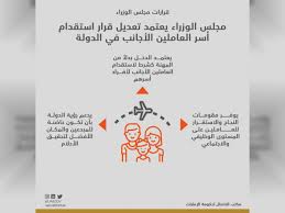 قرارات الأمم المتحدة هي تعبير رسمي عن رأي أو إرادة أجهزة الأمم المتحدة. Ù…Ø¬Ù„Ø³ Ø§Ù„ÙˆØ²Ø±Ø§Ø¡ ÙŠØ¹ØªÙ…Ø¯ ØªØ¹Ø¯ÙŠÙ„ Ù‚Ø±Ø§Ø± Ø§Ø³ØªÙ‚Ø¯Ø§Ù… Ø£Ø³Ø± Ø§Ù„Ø¹Ø§Ù…Ù„ÙŠÙ† Ø§Ù„Ø£Ø¬Ø§Ù†Ø¨ ÙÙŠ Ø§Ù„Ø¯ÙˆÙ„Ø© Ø§Ù„ÙØ¬ÙŠØ±Ø© Ø§Ù„ÙŠÙˆÙ…