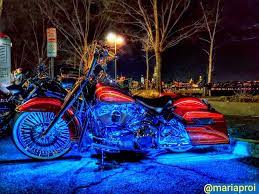 Custom Harley Davidson With Blue Led Lights Nyc Skyline In Background Blue Led Lights Harley Davidson Custom Harleys