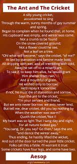 The Ant And The Cricket Poem Aesop Cricket Poem Poems Cricket