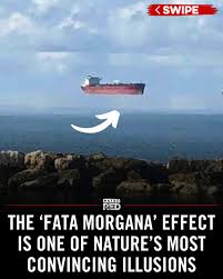 phenomenon called a fata morgana. This rare optical illusion happens when  layers of warm and cold air near the horizon bend light in extreme ways. It  can make ships look like they're