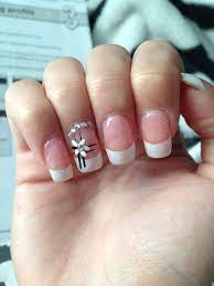 White French Airbrush Manicure With White Flower And Black Flick Design And Gems At The Nail Bed Ballerina Nails Ballerina Nails Designs Acrylic Nails