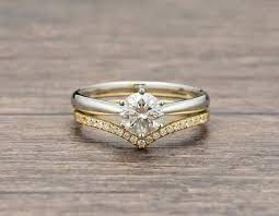 Wedding Set In Mixed Metal And V Wedding Band Moissanite And Diamond Wedding Ring Set Bridal Ring Set Diamond Wedding Bands 18k White Gold Engagement Rings Yellow Gold Wedding Ring