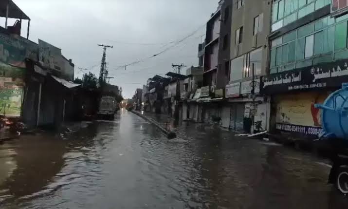 Waterlogged streets in Rawalpindi following heavy monsoon showers, AI generated
