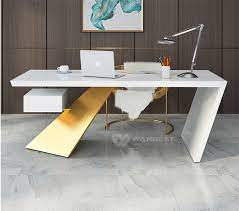 White corian stone company lobby reception desk luxury. Standard Size Office Desk Stone Material White Body Gold Foot Color Tailored Shape White Gloss Office Desk Office Table Design Unique Office Desks