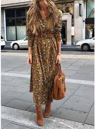 Veryvoga Print Bloemen Lange Mouwen A Lijn Casual Elegant Medium Jurken Bruin Winter Dress Outfits Long Dress Outfits Casual Dress Outfits