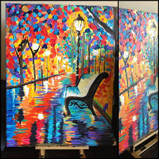 Acrylic Painting 27 X32 Of Trees A Park Bench And A Walkway Freehand Painting Bright Colors Bright Colou Acrylic Painting Trees Painting Acrylic Painting