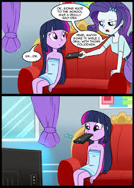 345946 - safe, artist:madmax, edit, rarity, twilight sparkle, equestria  girls, comic, couch, cropped, mouth hold, remote, television, towel, what's  wrong with this place - Derpibooru