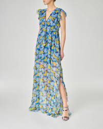 Abito alta cerimonia blu royal in georgette. Abito Lungo In Georgette Di Viscosa A Fantasia Floreale Azzurra Con Scollo A V