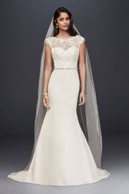 Luxury full pearl mermaid wedding dresses with long feather train vintage long sleeves saudi arabic plus size bridal gown dress. Illusion Lace And Satin Mermaid Wedding Dress David S Bridal Satin Mermaid Wedding Dress Wedding Dresses Satin Lace Mermaid Wedding Dress