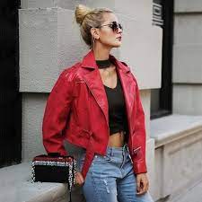 Woman S Faux Leather Jacket Little Red At 79 00 Red Leather Jacket Outfit Red Jacket Outfit Leather Jacket Outfits
