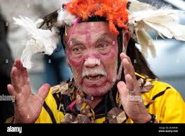 Chamacoco Indian shaman Clemente Lopez sings during an American Indian Day  celebration at the Plaza de Armas public downtown square in Asuncion,  Paraguay, Thursday April 19, 2012. The day was established in