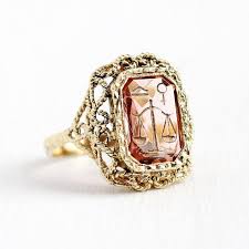 Zodiac Libra Ring Vintage 14k Yellow Gold Scale Intaglio Light Pink Glass Stone Signet Retro 1960s Size 7 1 4 State Vintage Rings Retro Ring Viking Tattoos