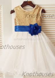 Gold Sequin Ivory Tulle With Royal Blue Flower Sash Knee Length Flower Girl Dress Flower Girl Dresses Blue Royal Blue Flowers Girls Blue Dress