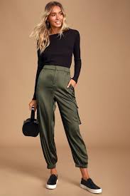 Sleek Moves Olive Green Satin Cargo Joggers Silk Joggers Olive Green Pants Outfit Satin Joggers