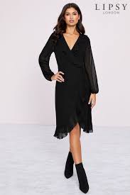 Womens Lipsy Pleated Frill Wrap Dress Black Dresses Wrap Dress Fashion