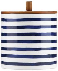 A set of 3 high quality ceramic and mango wood tea, coffee & sugar canisters from our country cottage range. Kate Spade Large Navy White Striped Canister