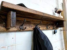 Blackened, distressed hooks make this a convenient entryway item; Rustic Coat Rack Shelf Aj S Farmhouse Furniture